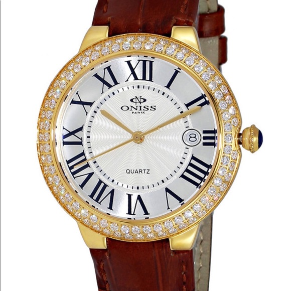 Ladies Oniss Gold Tone Brown Leather Band Silver Dial Crystals Date Watch ON3322 main image 9
